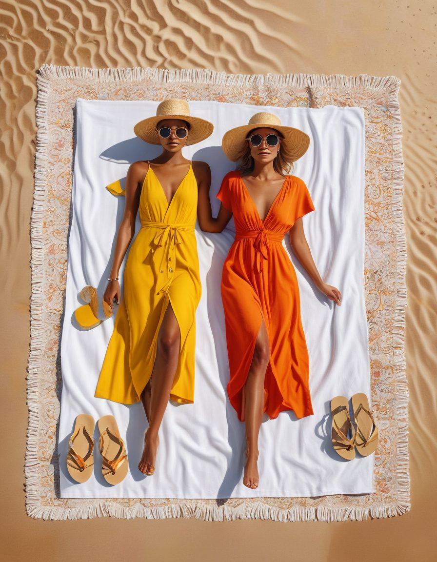 A vibrant beach scene showcasing the latest coastal fashion trends, with models wearing sun-kissed attire like flowing dresses, hats, and sunglasses, surrounded by golden sands and crystal-clear waves. Add beach accessories like colorful beach towels and stylish flip-flops to enhance the aesthetics. The sunlight should create a warm, inviting atmosphere that captures the essence of summer. super-realistic. vibrant colors. white background.