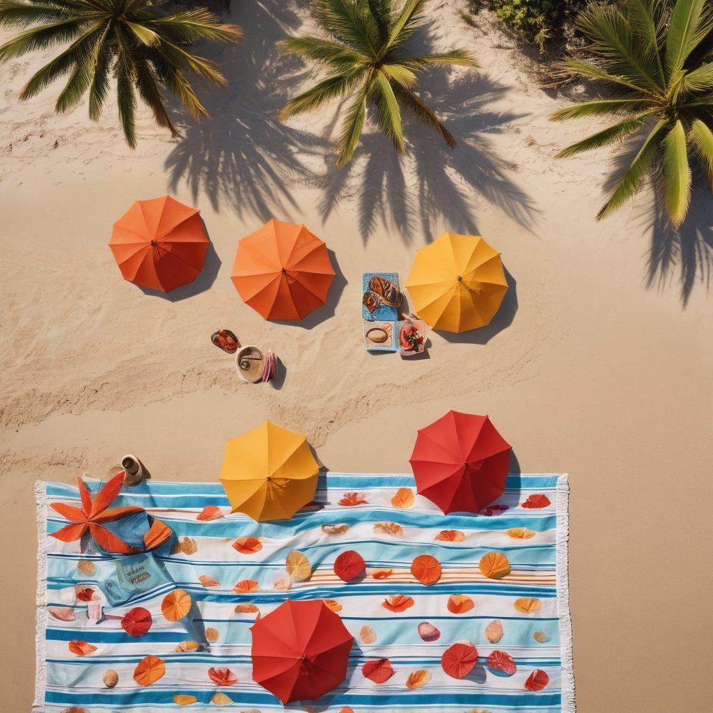 A vibrant sunset illuminating a sandy beach with colorful beach umbrellas and stylish swimwear models posing confidently. The scene captures the essence of a coastal lifestyle, with waves gently crashing and surfboards leaning against palm trees. Add elements like seashells, tropical drinks, and beach towels to enhance the atmosphere. super-realistic. vibrant colors. warm tones.